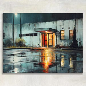 May include: An oil painting of a building exterior at night with a wet, reflective parking lot in the foreground. The structure features a central illuminated doorway glowing with warm orange light, flanked by dark windows and a pale, weathered facade.