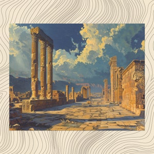 May include: An artistic rendering of ancient ruins under a dramatic sky. The image features towering columns, weathered stone structures, and a sunlit pathway, evoking a sense of history and grandeur. The color palette includes warm earth tones and cool blues.