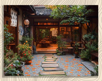 Puede incluir: Un patio interior de un restaurante japonés con un camino de piedra que conduce a la entrada. El patio cuenta con un suelo de baldosas de mosaico con detalles en naranja y azul, exuberante vegetación y arquitectura tradicional.