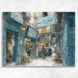 May include: Watercolor painting of a Middle Eastern market street. The scene features blue tiled walls, arched doorways, and signs with Arabic script. Figures in traditional clothing walk along the cobblestone street. The artwork has a vintage, travel-inspired aesthetic.