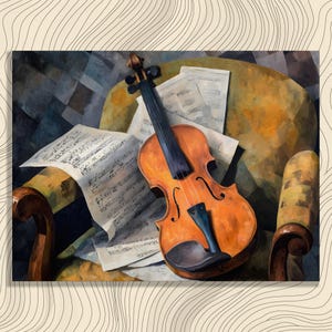 Abstract Violin Canvas Wall Art – Musical instrument still life painting with sheet music contemporary cubist style fine art print