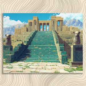 Ancient Temple Canvas Wall Art - Landscape Painting Print with Stone Staircase and Historical Site Decor for Ancient History Enthusiasts