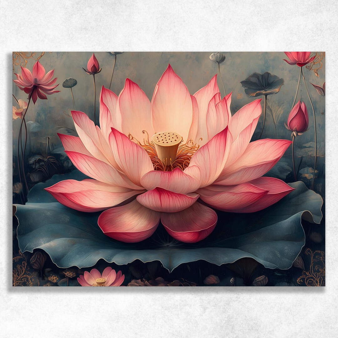 Sacred Lotus Canvas Wall Art - Pink Botanical Flower Print Zen ...