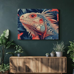 Impresión artística en lienzo de iguana: pintura colorida de reptil tropical, decoración de pared para sala de estar, dormitorio y oficina. Un regalo único para los amantes de la naturaleza.