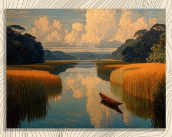 Canoe Lake Reflection canvas wall art – traditional rustic landscape print river canoe forest reflection gift for lake house cabin decor