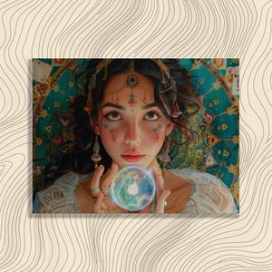 Mystieke waarzegster canvas kunst aan de muur, kleurrijk tarot decor, kristallen bol kunstwerk, decor mystiek, boho spirituele muur hangen, kunst thuis
