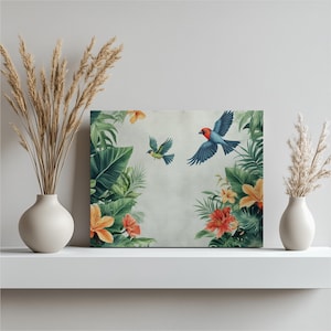Bluebird Canvas Wall Art Print, Tropical Jungle Painting Decor Floral Rainforest Art – Nature Inspired Canvas Print Gift for Home Decor