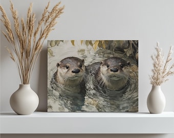 Lekfulla uttrar på canvas - färgglad uttermålning för heminredning, kontorskonstverk, naturkonsttryck, gåva med vilda djur och vattenlevande djur