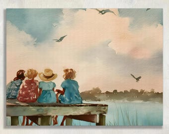 May include: Watercolor painting of four figures seated on a wooden dock, gazing at a serene waterscape. The sky is painted with soft pinks and blues, with birds in flight. The figures are wearing dresses and a hat.