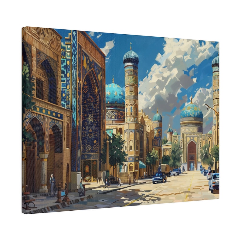 Uzbekistan Canvas Wall Art, traditional Silk Road bazaar painting, high detail, nostalgic Uzbek tilework, super realistic oil painting image 10