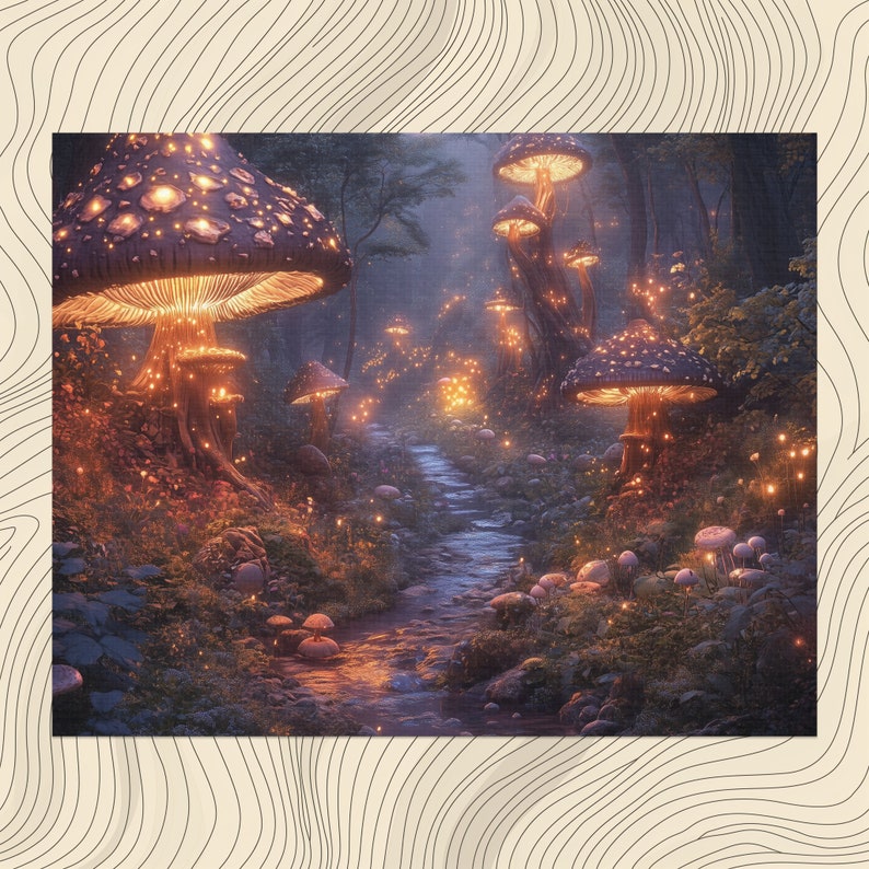 Enchanted Mushroom Forest Canvas Wall Art, Mystical Forest Scene With
