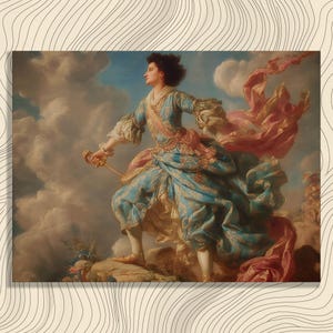May include: A framed print of a classical painting depicting a figure in a blue and gold outfit, holding a sword. The figure stands on a rocky outcrop against a cloudy sky, with flowing pink fabric. The artwork is a historical portrait.