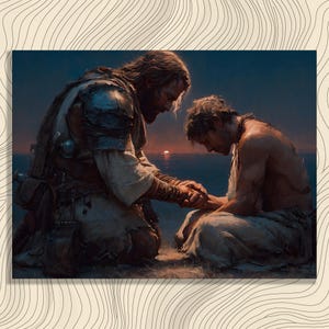 Medieval Knight Redemption Canvas Wall Art - Dramatic Fantasy Warrior Painting Biblical Themed Sunset Spiritual Home Decor Print