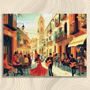 Spain Canvas Wall Art Vibrant Spanish Culture Print Vintage Stylish Decor Tapas Bars Flamenco Painting Guitar Retro Vibe Colorful Artwork