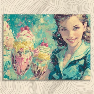 May include: A vintage-style painting depicts a smiling woman in a teal dress, holding several ice cream sundaes. The sundaes are topped with whipped cream and cherries. The background is a mix of teal, pink, and yellow.