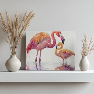 Flamingos Canvas Wall Art, Tropical Watercolor Painting Elegance Home Decor Chic Flamingo Duo Bird Artwork Living Room, Relaxing Bedroom Art