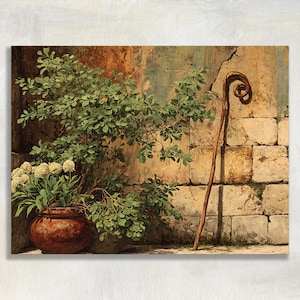 Quadro su tela rustico con vegetazione - Vaso in terracotta su gradini in pietra con bastone da passeggio, dipinto di scena di giardino pastorale per un arredamento classico della casa