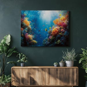Arte de parede em tela vibrante com recife de coral tropical - Pintura de vida marinha subaquática com corais coloridos - Tela de parede para decoração de casa oceânica