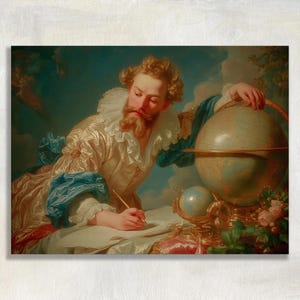 May include: A classical painting depicts a man in ornate attire writing at a table with a globe. The man has a red beard and is wearing a cream-colored coat with blue accents. A smaller globe and flowers are also visible.