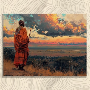 Kenya canvas wall art Maasai Mara scenes, detailed oil painting, traditional beadwork decorations, high resolution panoramic print