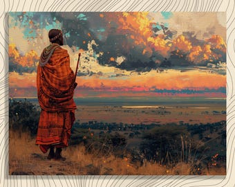 Kenya canvas wall art Maasai Mara scenes, detailed oil painting, traditional beadwork decorations, high resolution panoramic print