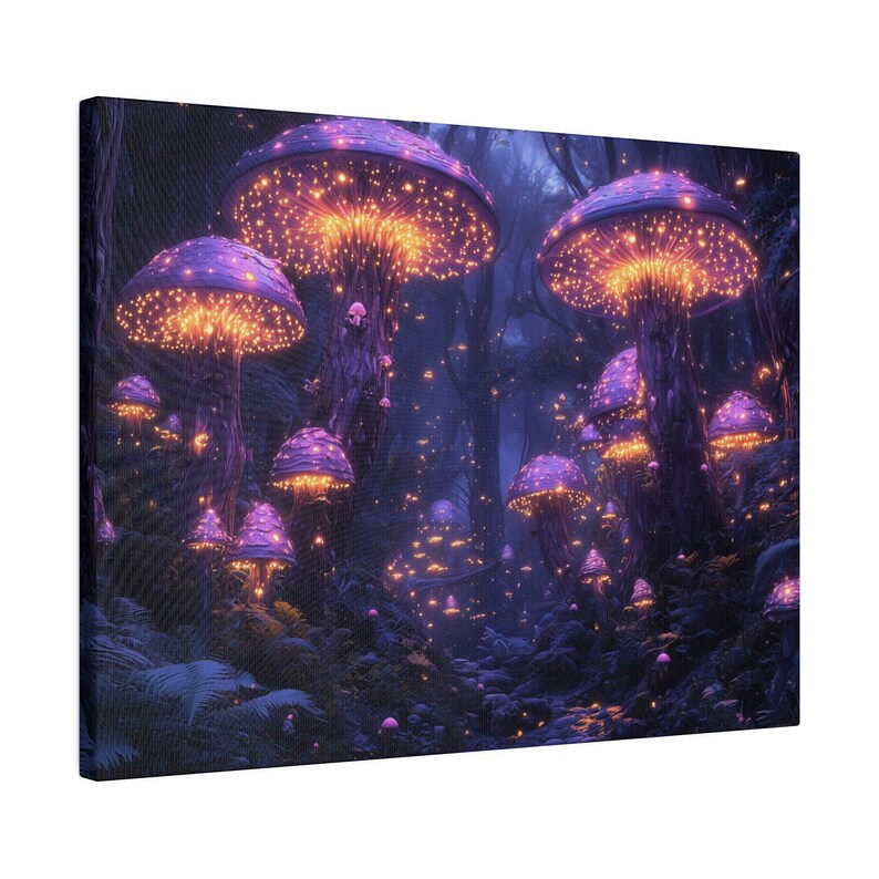 Glowing Mushrooms Canvas Wall Art, Fantasy Forest Fairies Artwork