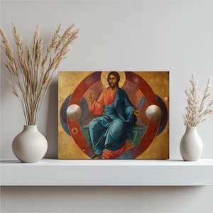 Byzantine Jesus Christ canvas wall art - Orthodox iconography gilded gold throne blessing sacred decor spiritual Christian print