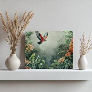 Tropical Parrot Canvas Wall Art Painting with Colorful Flowers and Lush Greenery – Nature Print Decor Gift for Bird Lovers, Ideal Home Decor