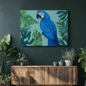 Stunning Tropical Parrot Canvas Wall Art, Vibrant Blue Exotic Bird Painting - Minimalist Animal Decor for Bird Lovers, Eye-Catching Accent