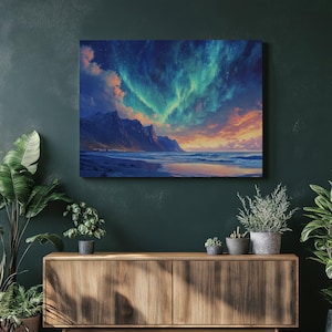 High Resolution Iceland Northern Lights Landscape Canvas Wall Art Aurora Borealis Ocean Mountain Print for Living Room Bedroom Decor