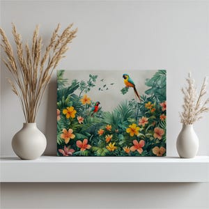 Lorikeet Canvas Wall Art – Vibrant Tropical Birds and Exotic Flowers Print | Colorful Botanical Nature Decor for Home, Living Room