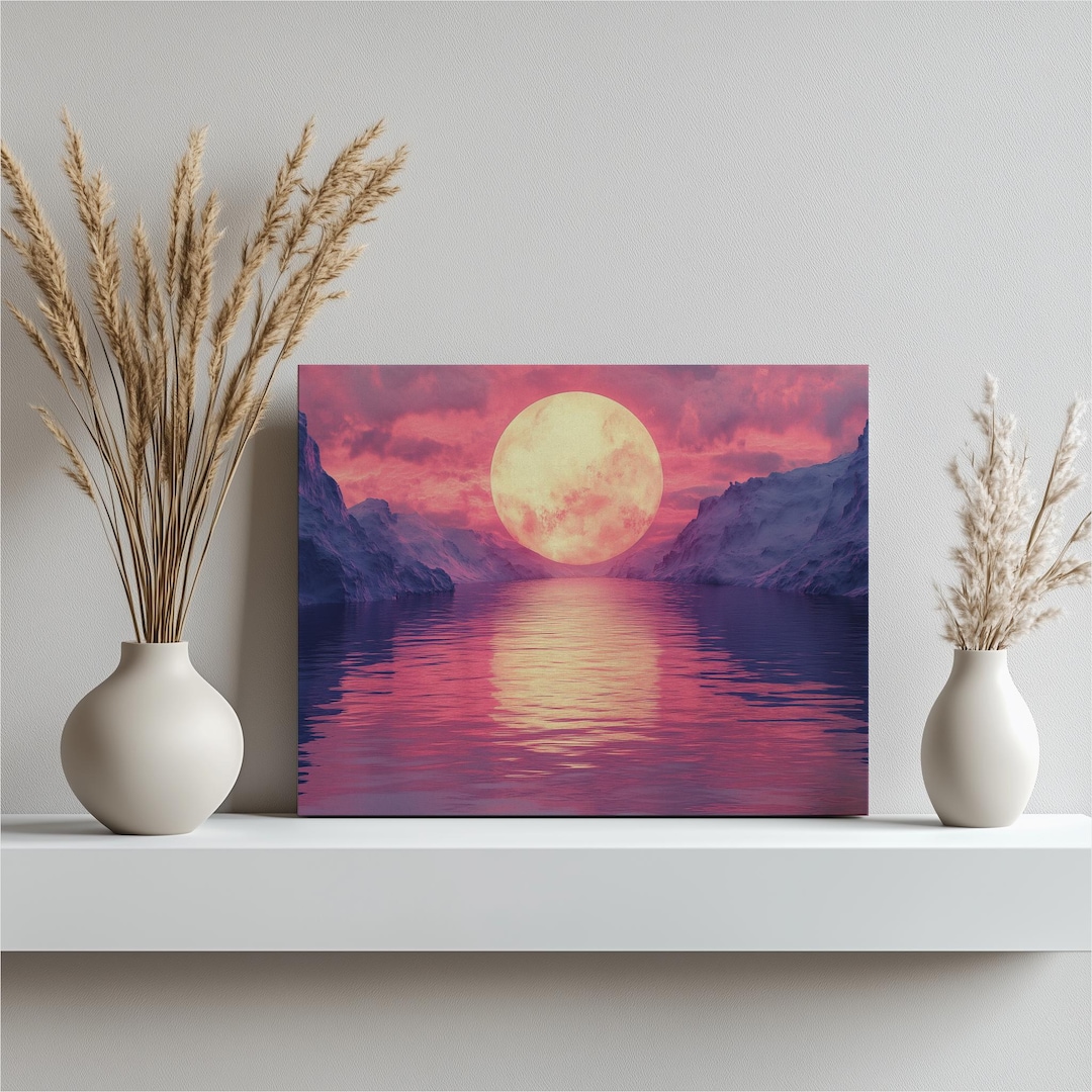 Surreal Moon Canvas Art Print – Luminous Water Landscape Painting for ...