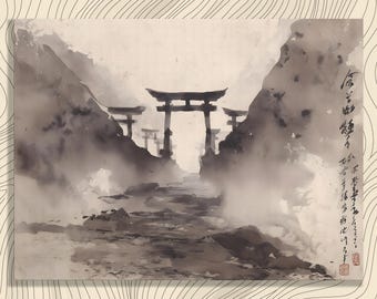 日本の鳥居キャンバスウォールアート – 水墨画霧の中の山道ミニマ