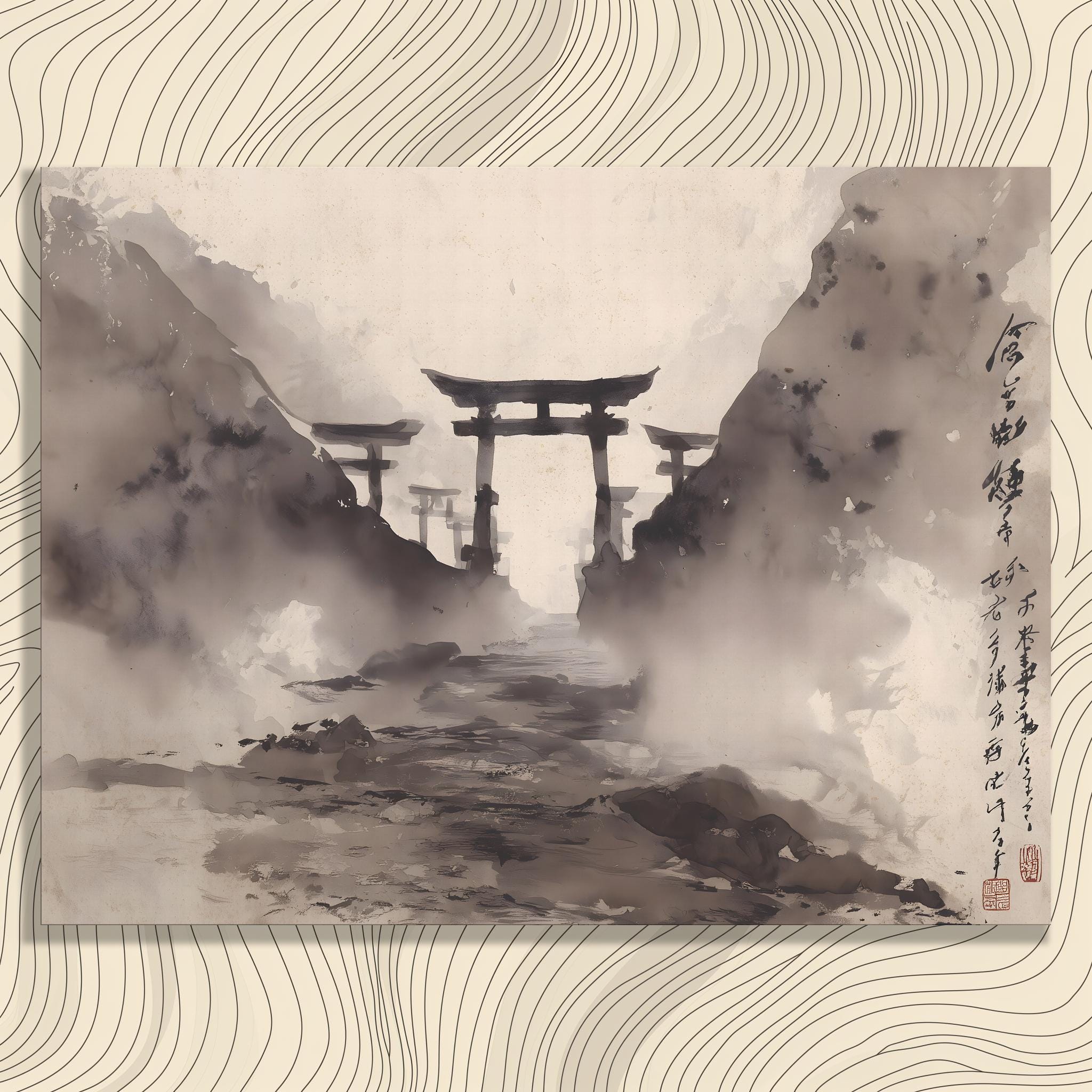 日本の鳥居キャンバスウォールアート – 水墨画霧の中の山道ミニマ