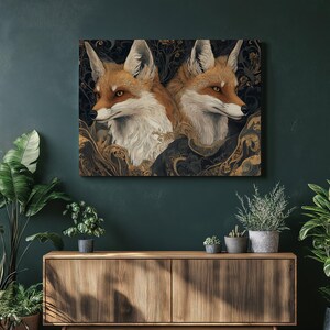 Arte de parede em tela floral com duas raposas, impressão de arte colorida de raposa boho boho para decoração de casa - ilustração de animal fofa para sala de estar e quarto
