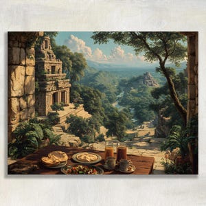 May include: A landscape painting depicts ancient Mayan ruins overlooking a lush valley. A table set with food and drinks sits in the foreground. The artwork features a detailed view of the ruins, trees, and a river.