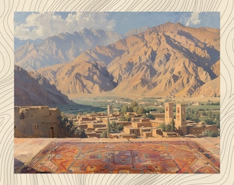 Afghanistan Canvas Wall Art, detailed painting print, traditional Afghan rugs, nostalgic Kabul scenery, cinematic lighting, super realistic