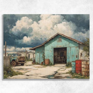 Weathered Garage Canvas Wall Art, Vintage Truck Auto Repair Shop, Oil Drums, Storm Clouds, Rustic Americana Workshop Decor Print