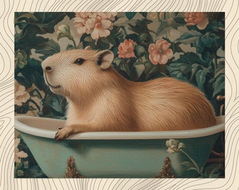 Capybara Leinwand Wandkunst, Üppige Badeszene mit Vintage Dekor und Elegante Komposition für Gemütliches Zuhause Ästhetische, Preiswerte Wandkunst Drucke