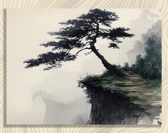ミニマリスト禅風景キャンバスウォールアート – 墨絵和風霧山松の木