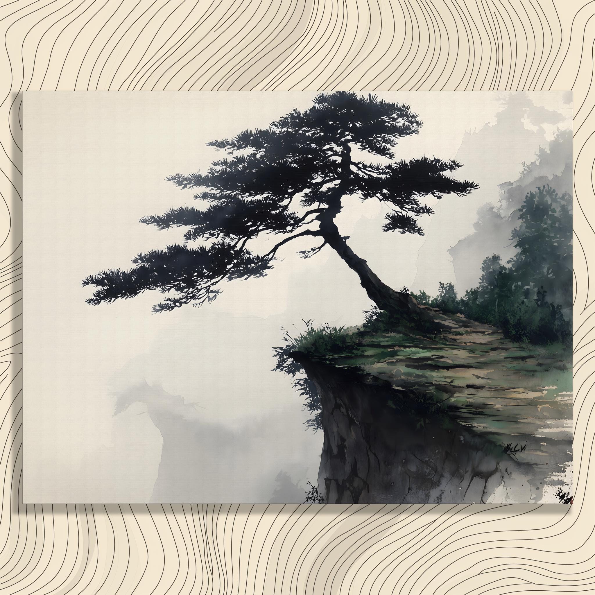 ミニマリストの禅風景キャンバスウォールアート - 墨絵和風霧深い山の