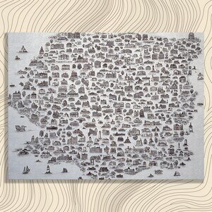 May include: A detailed black and white illustration of a coastal city, featuring numerous buildings, landmarks, and boats. The artwork is on a rectangular, textured silver background, with a light beige, patterned border.