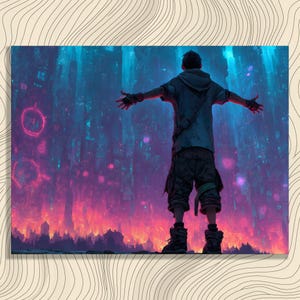 Cyberpunk Cityscape Canvas Wall Art – Futurystyczny neonowy nowoczesny miejski wydruk technologiczny dla graczy Dekoracja Dystopijna przygoda Tajemnica plakat