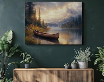 May include: A landscape painting depicts a wooden canoe resting on the edge of a calm lake. The scene is set at sunset, with a warm glow illuminating the water and surrounding trees. Mountains are visible in the distance, adding depth to the artwork.