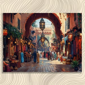 Moroccan Market Canvas Wall Art, Vibrant Marrakech Scene with Textiles Lanterns Moroccan Decor Heritage, Perfect for Entrance and Livingroom