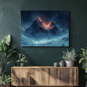 Contemporary Dramatic Mountain Volcano Canvas Wall Art with Aurora Borealis Night Sky, Ice Mist Landscape Print for Living Room Home Decor