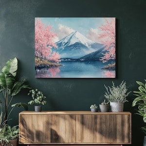 Serene Mount Fuji canvas wall art, Cherry blossom painting, Pink hues, Lake landscape, Japanese decor, Wall decor for home, Art poster