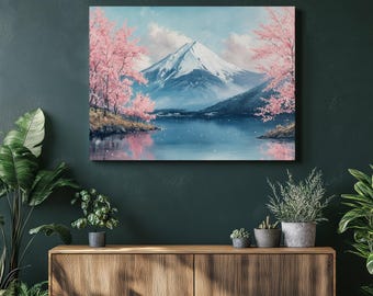 Cuadro de pared con la imagen del sereno Monte Fuji, pintura de flores de cerezo, tonos rosados, paisaje lacustre, decoración japonesa, decoración de pared para el hogar, póster artístico.
