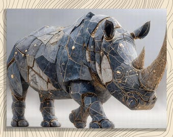 Tableau mural Rhinocéros saisissant sur toile – impression rhinocéros, art animalier moderne, peinture de rhinocéros mécanique blindé, décor gris doré, mur safari