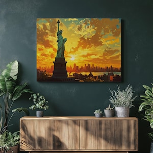 Statua della Libertà al tramonto - Stampa su tela con skyline di New York City / Decorazione urbana per soggiorno, ufficio e camera da letto